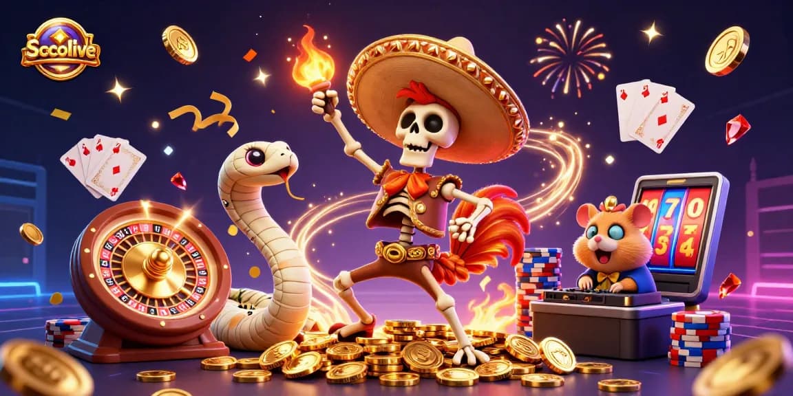 Socolive showcases an enchanting 3D casino illustration of vibrant characters celebrating amidst cascading treasures and dynamic gambling elements.