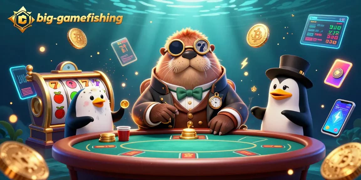 Engage in big-gamefishing with a jolly walrus in a poker showdown surrounded by vibrant gaming elements.