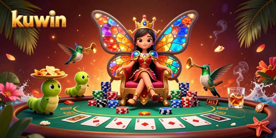 Kuwin reveals a vibrant casino scene with a butterfly queen amidst poker chips and cards.