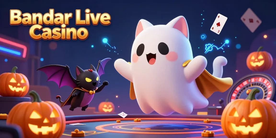 Experience the thrill of Bandar Live Casino with a ghost cat and vampire bat in a vibrant live casino setting.