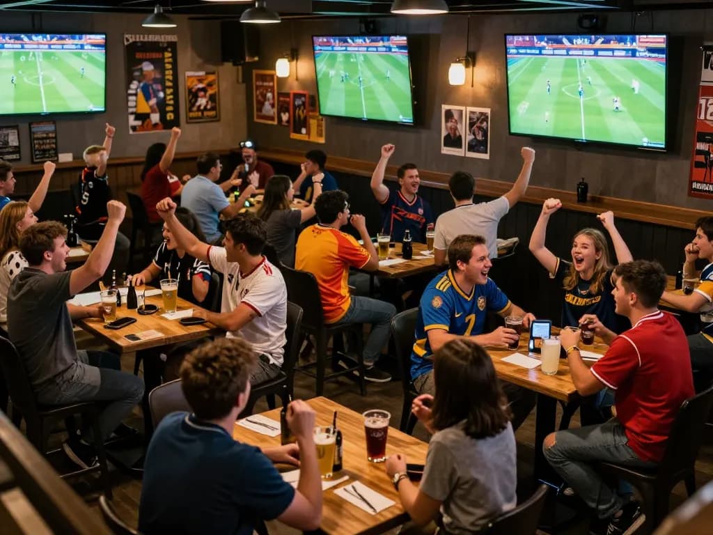 Lương Sơn TV viewers passionately watching live football matches at a vibrant sports bar, enhancing the sports betting experience