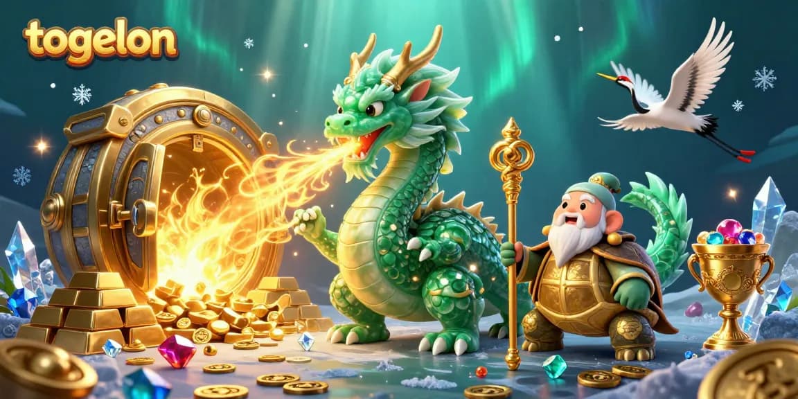 Engage the magic of togelon with a vibrant 3D illustration of a jade dragon and lucky symbols.