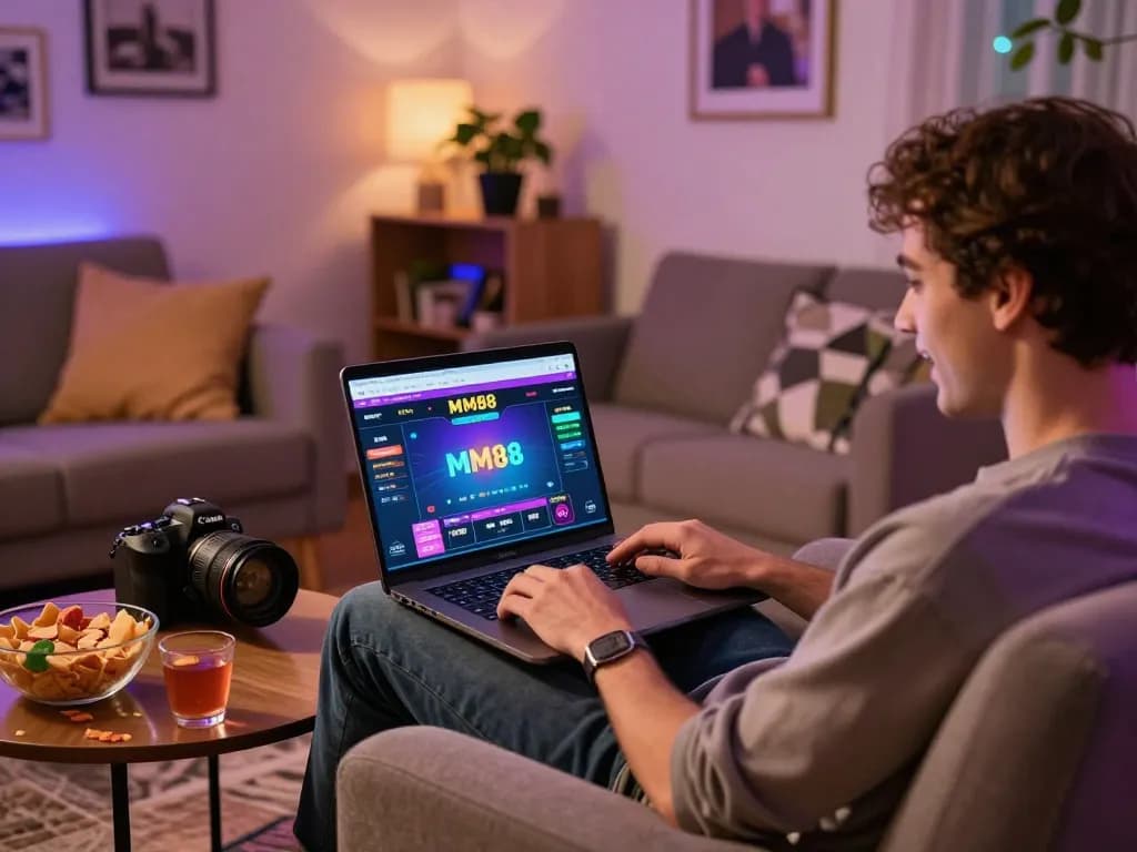 Player engaging with MM88 online betting platform in a cozy home environment, showcasing vibrant gaming atmosphere.