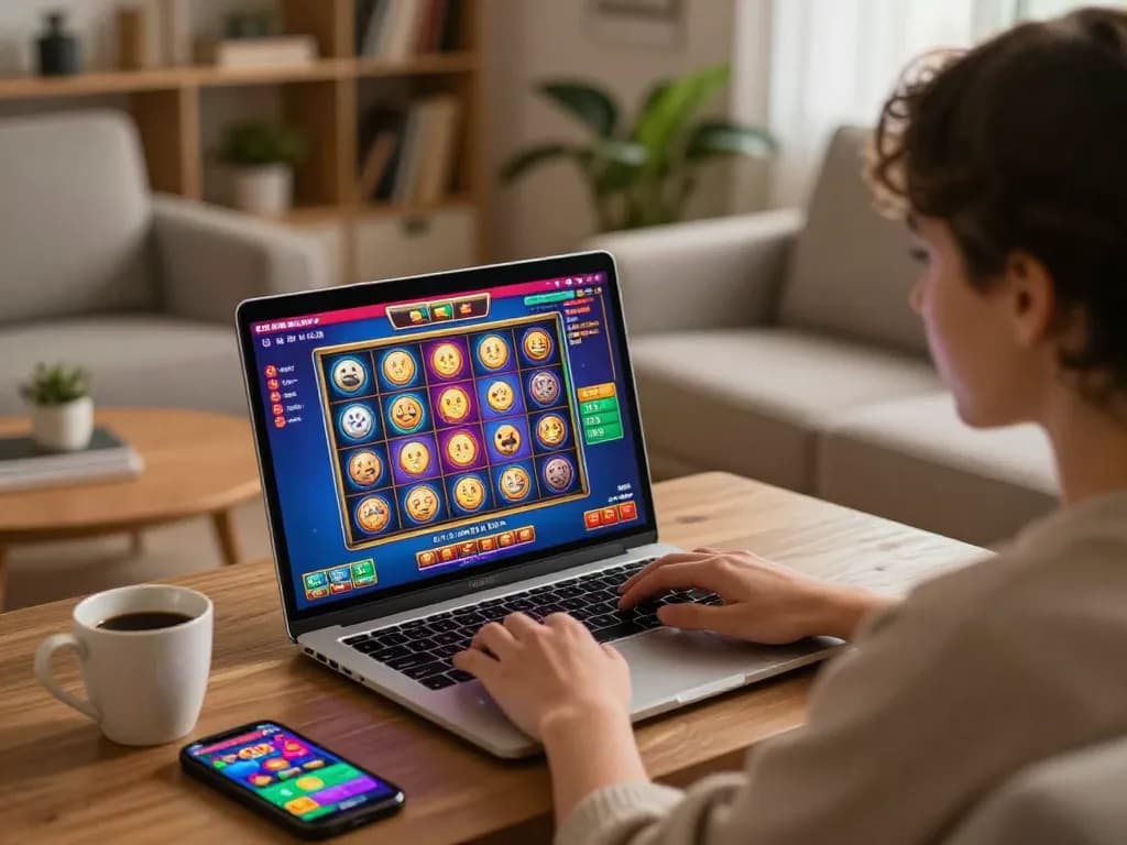 Player spins slots on their laptop, enjoying an exciting online gaming experience at home
