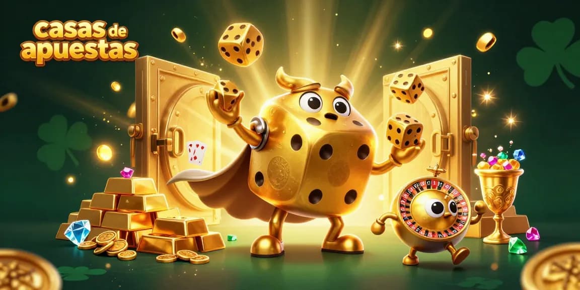 Apuesta en casas de apuestas con dados dorados, tesoros y luces brillantes.