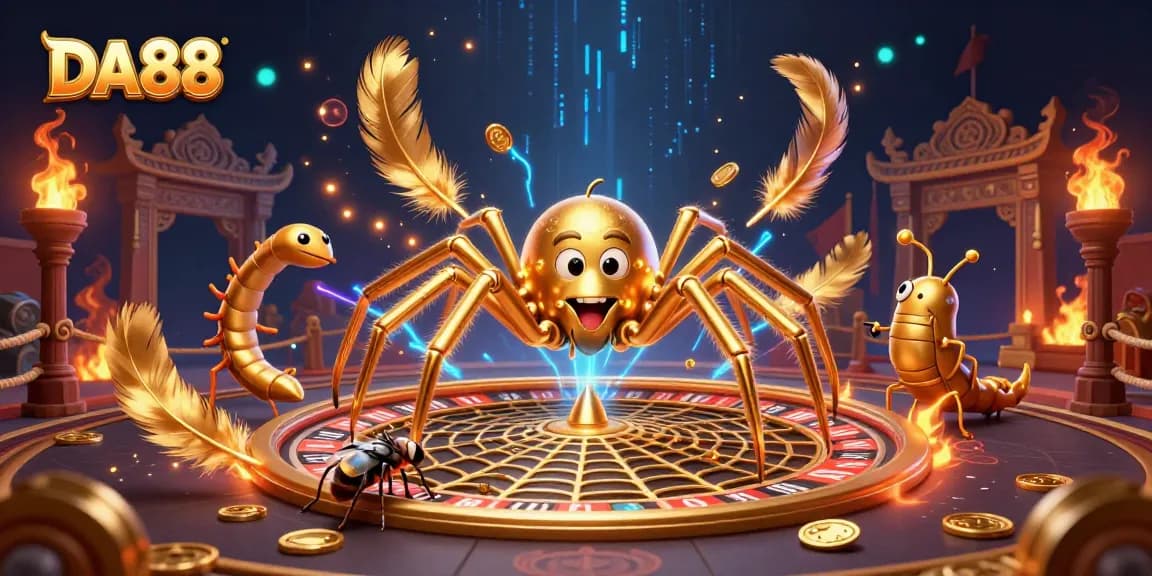 DA88 gaming scene with a golden spider spinning a roulette wheel and centipede croupier