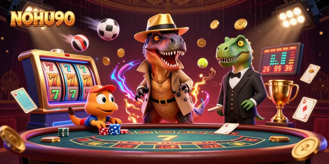 Experience the thrill of NOHU90 casino with dynamic characters and vibrant game elements in an ultra-detailed illustration.