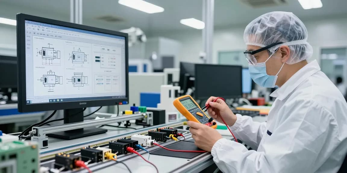 High-quality IEC connectors being inspected in a modern electronics manufacturing facility.