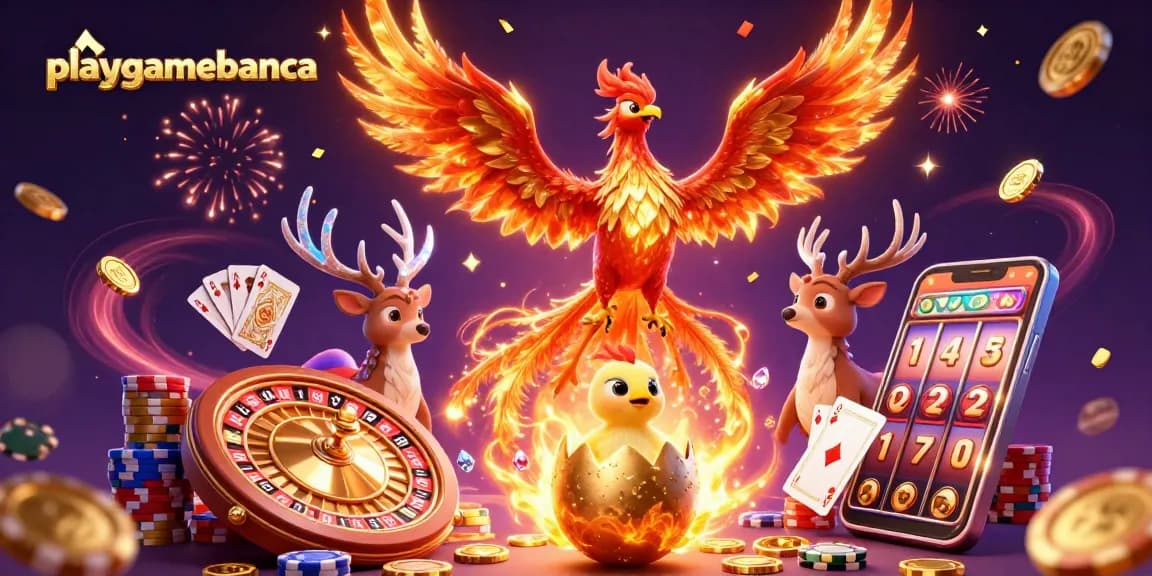 Playgamebanca showcases a dynamic casino scene with a phoenix, coins, and gaming elements.