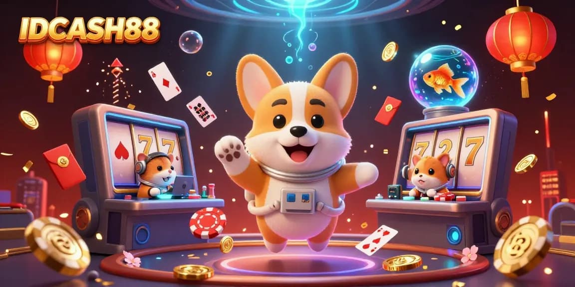 IDCASH88 features a floating corgi astronaut in a vibrant casino scene, engaging in gaming activities.