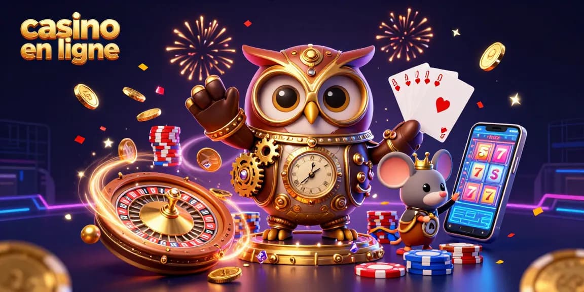 Un casino en ligne animé avec une chouette voyageuse et des éléments de jeu étincelants.