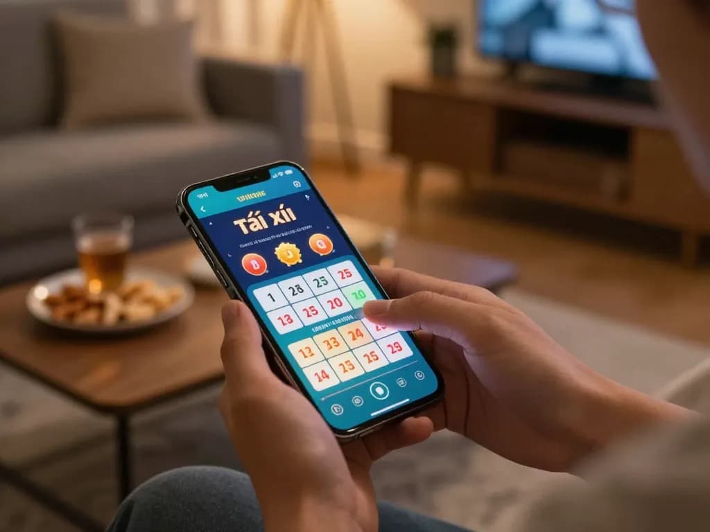 Engaging with app tài xỉu online on smartphone in a cozy home setting, blending leisure with strategic betting.