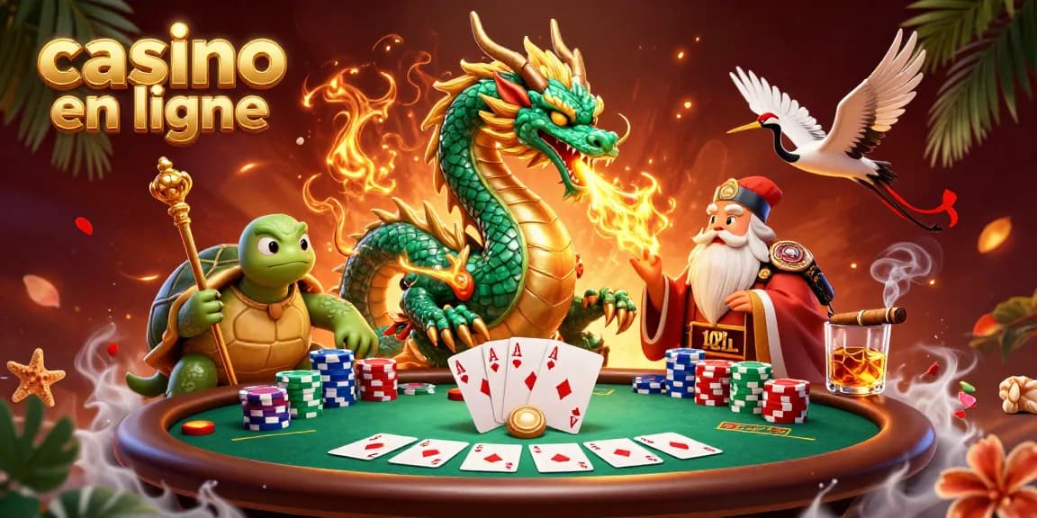 Illustrez votre expérience de jeu avec un dragon émeraude et des éléments de casino en ligne captivants.