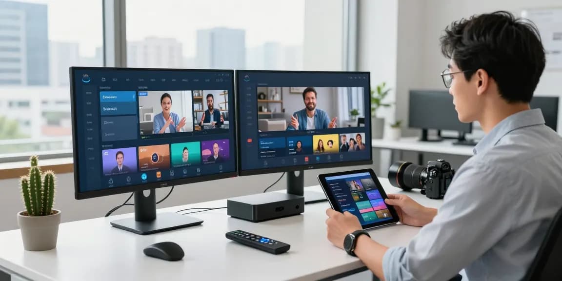 IPTV Deutschland Installation in modernem Arbeitsplatz mit Bildschirm und Streaming-Optionen