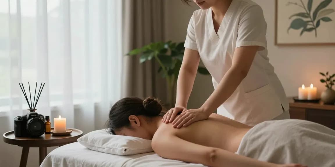 강남스웨디시 마사지를 받는 고객과 친절한 마사지사의 아늑한 스파 장면