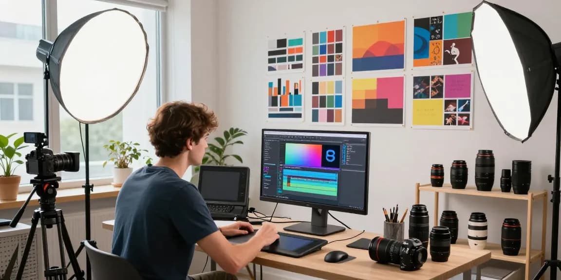 After Effects and color grading workshop scene with a videographer editing, showcasing engaging workspace and vibrant atmosphere.