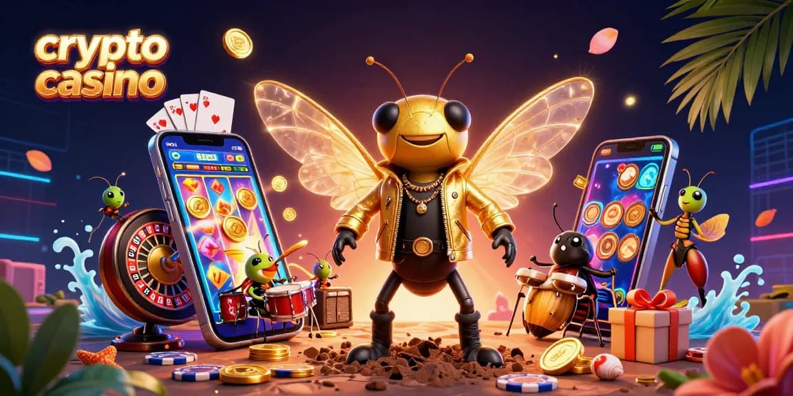 Jouez au crypto casino avec ce rock star cartoon émergent du sol, entouré de gains et de jeux.