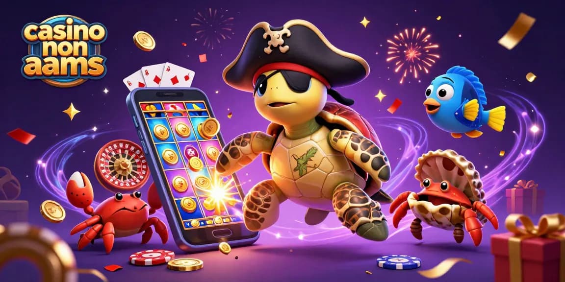 Giocando nei migliori casino non AAMS, una tartaruga pirata esamina tesori e premi.