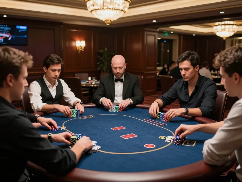 Players engaged in high-stakes poker at 789club VIP gaming area, showcasing intense gameplay and luxury atmosphere.