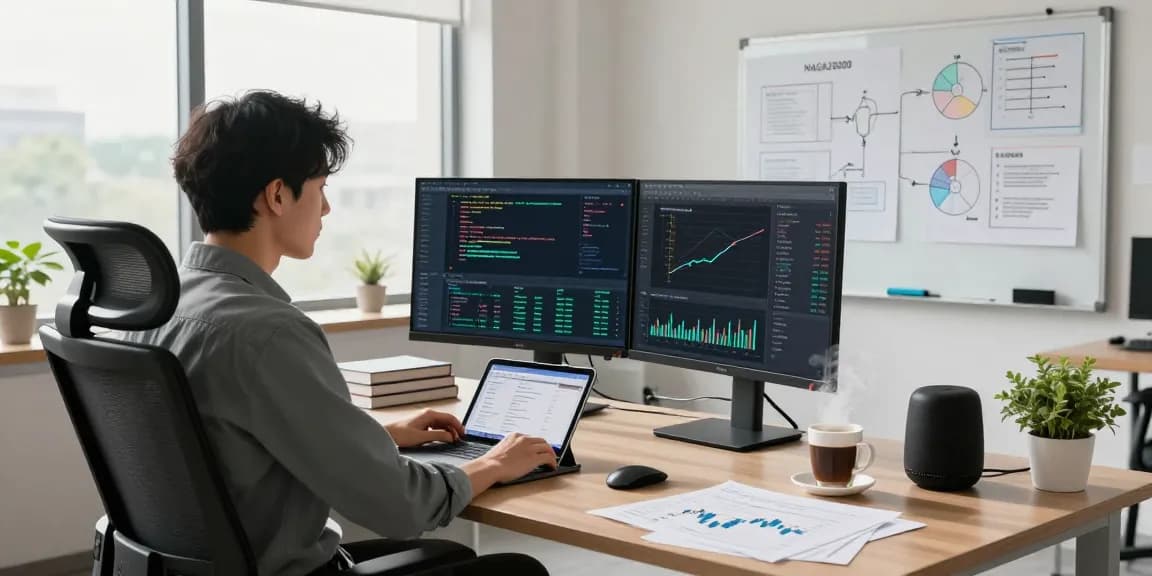 Analyzing NAGA2000 performance metrics in a tech-focused workspace with dual monitors and data visualizations.