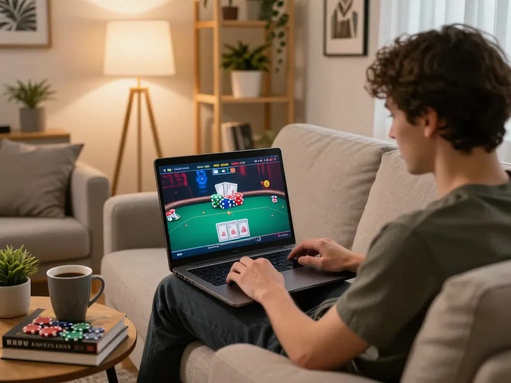90phut player immersed in an online poker game from a cozy home setting