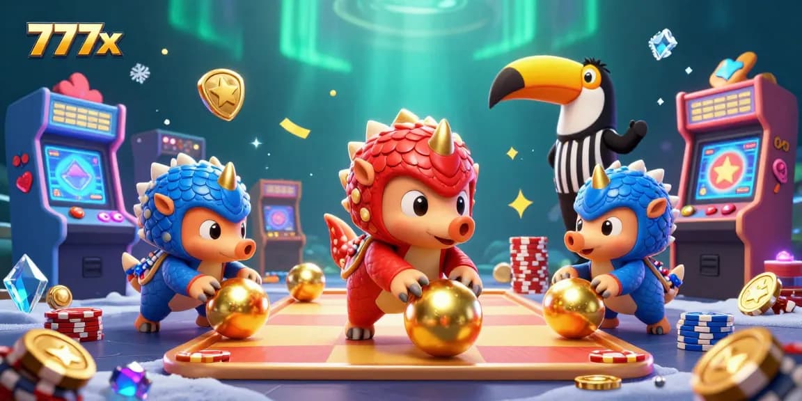 Roll into golden wins at 777x with rival pangolins in a vibrant casino scene