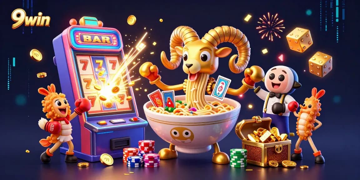 9win showcases vibrant 3D casino characters in an engaging jackpot scene, featuring dynamic game elements.