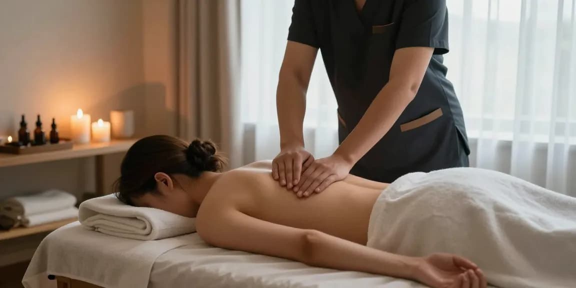 마사지 테라피를 받는 고객과 아로마 테라피 용품이 배치된 안락한 마사지실의 모습
