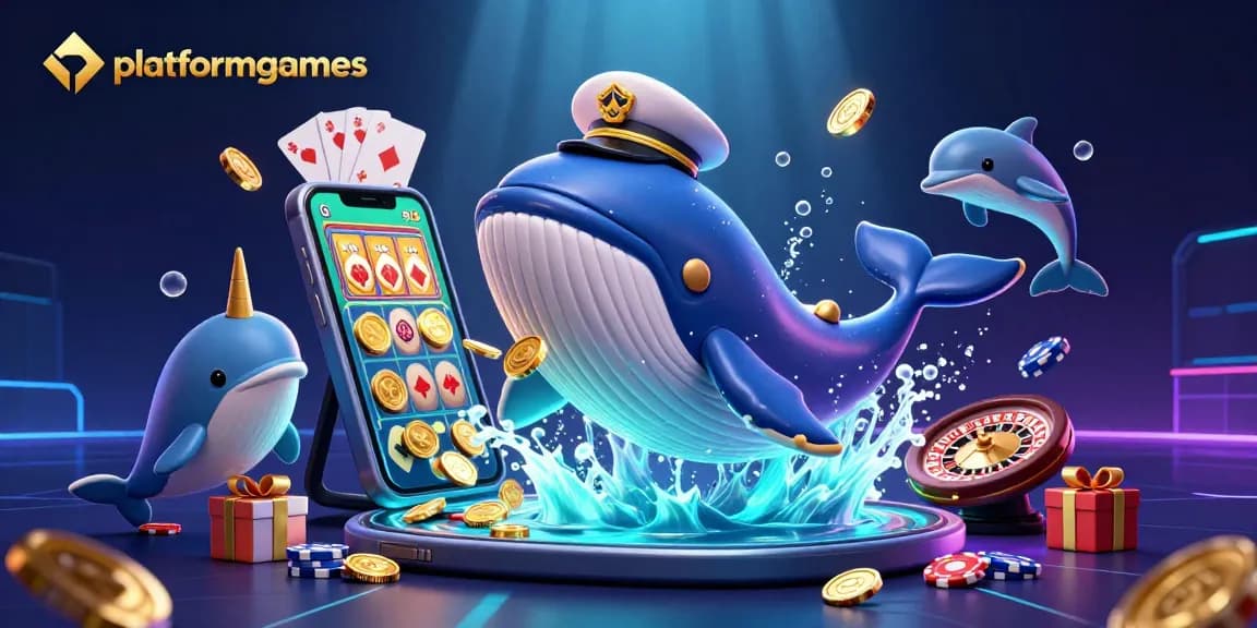 Engage with platformgames in a vibrant underwater casino scene featuring a cartoon whale and playful dolphins.