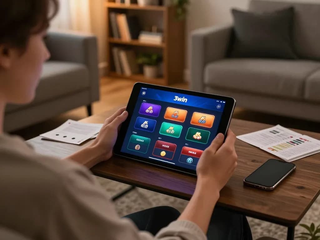Player engaging with the 3win app on a tablet, showcasing online casino action in a cozy setting.