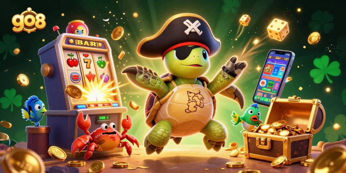 Engage with exciting go 88 casino adventures featuring a lively pirate turtle surrounded by vibrant gaming elements.