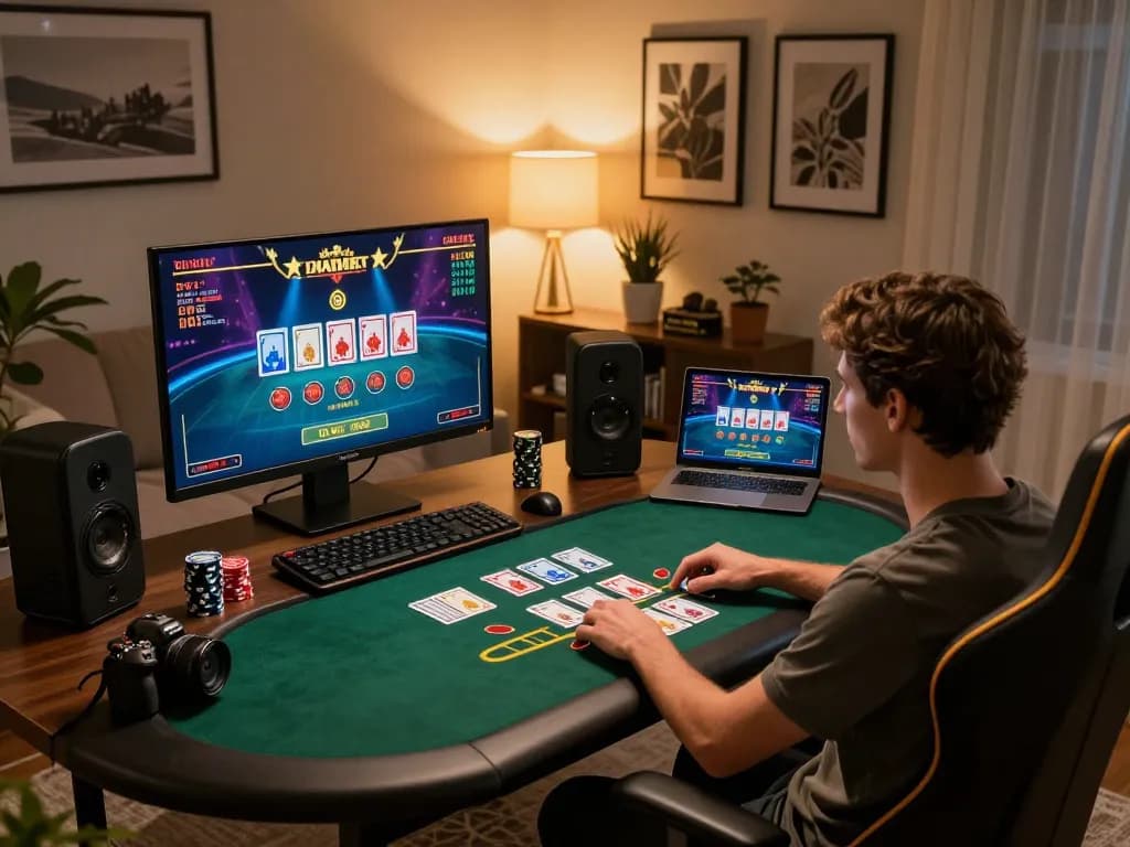 Engaging in live dealer blackjack at https://vu88.lol/ on a stylish home gaming setup with inviting atmosphere.