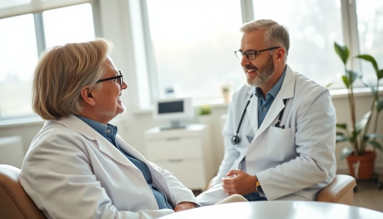 Private GP consultation shows a warm interaction in a cozy medical setting.
