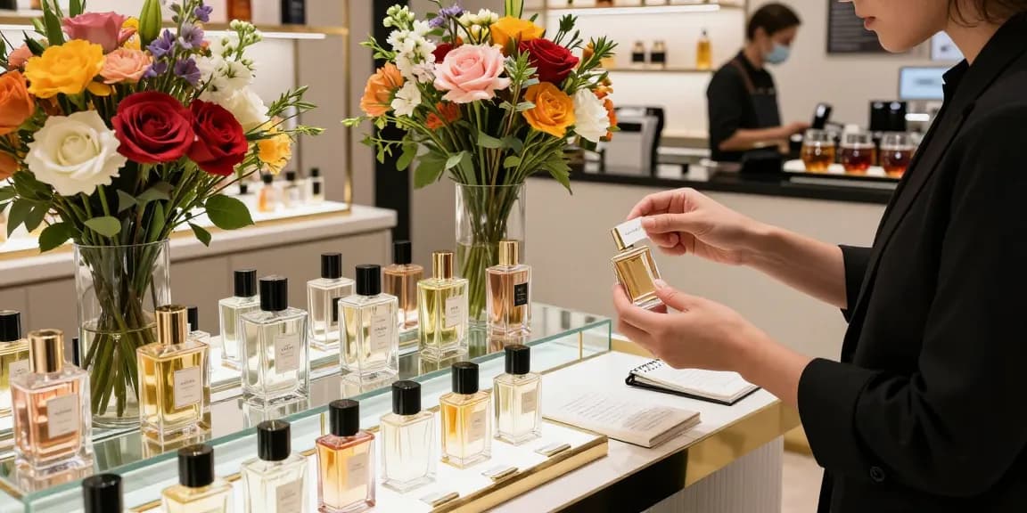 Discovering Long-Lasting Perfumes in a sophisticated boutique with elegant displays and a stylish shopper.