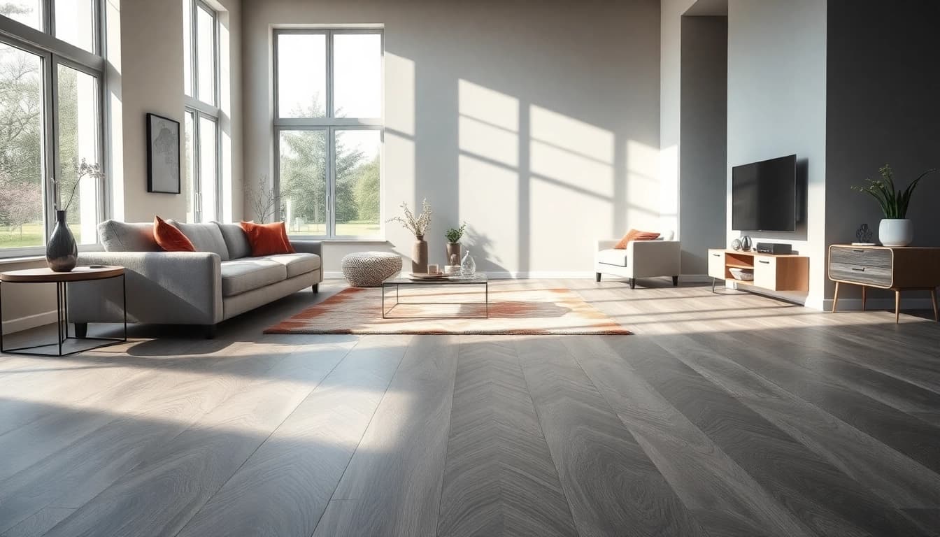 Enhance your space with grey vinyl flooring in a beautifully designed modern living room.