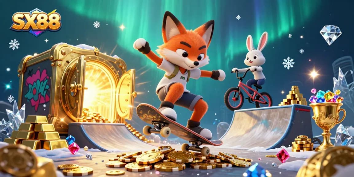 SX88 presents an exciting scene with a skateboarder fox, BMX rabbit, and casino symbols, showcasing vibrant sports and gambling energy.
