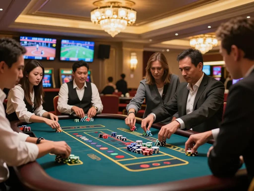 Players engaging keenly with roulette table at F8BETz casino, showcasing excitement and strategy.