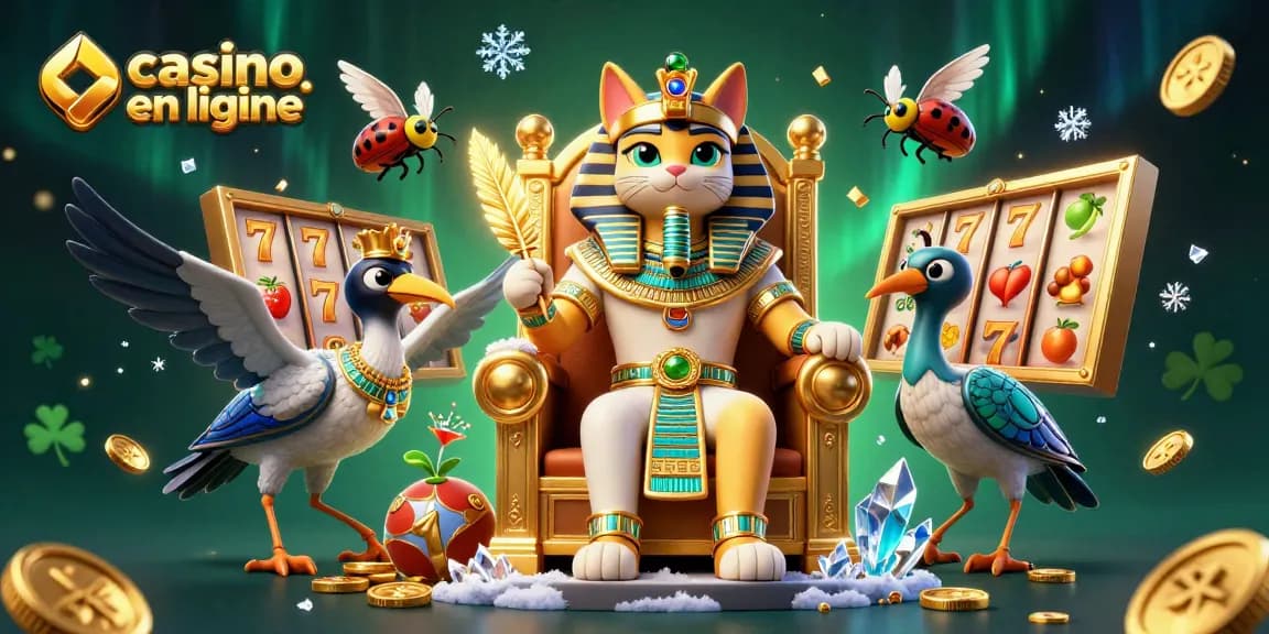 Jouez à des machines à sous au casino en ligne avec un pharaon égyptien et des éléments de chance.