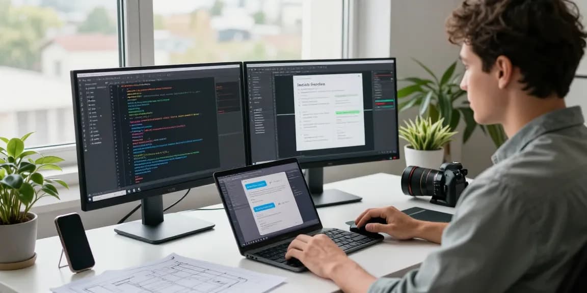 Innovative tech workspace showcasing 纸飞机中文版 app development on multiple screens, illustrating modern coding environment.