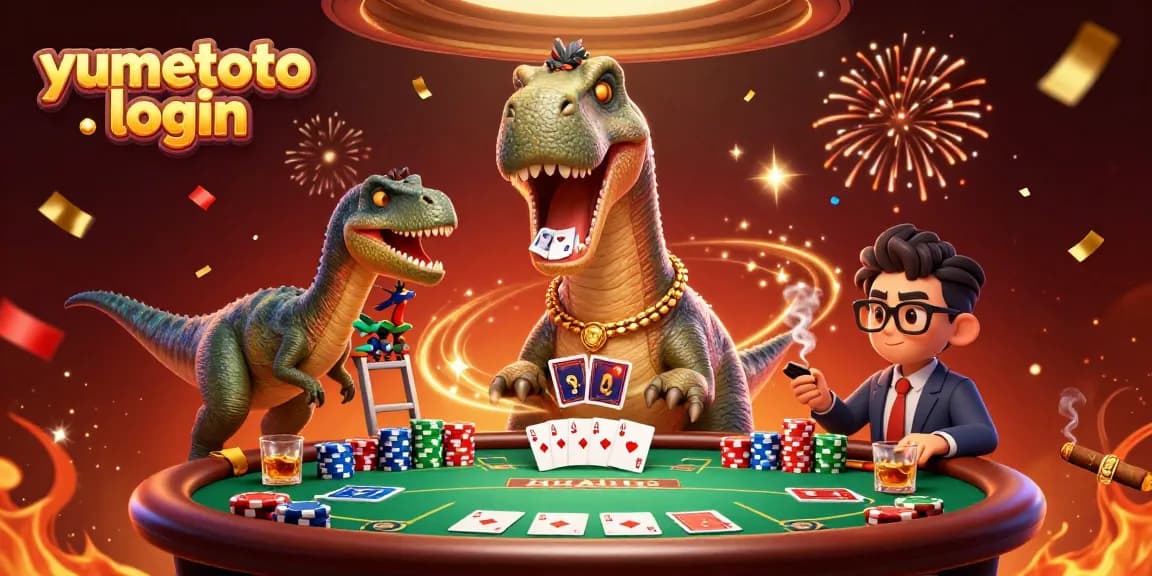 Masuk ke yumetoto login dengan karakter unik dalam suasana kasino yang meriah dan permainan poker yang semarak.
