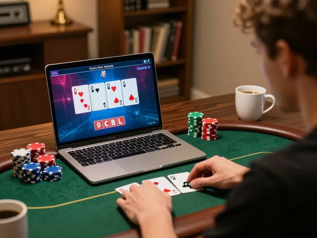 Engaging poker gameplay on RR88 presented by a focused player using a laptop in a cozy environment.