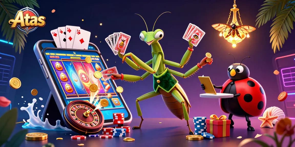 Engage in dynamic gaming action with Atas' vibrant slots, featuring cards and coins.