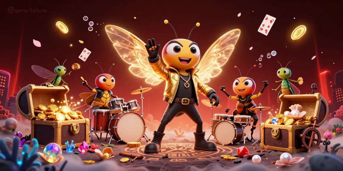 Engage with the gems-fortune treasure hunt featuring a vibrant 3D scene of a cartoon cicada rock star and lively casino elements.