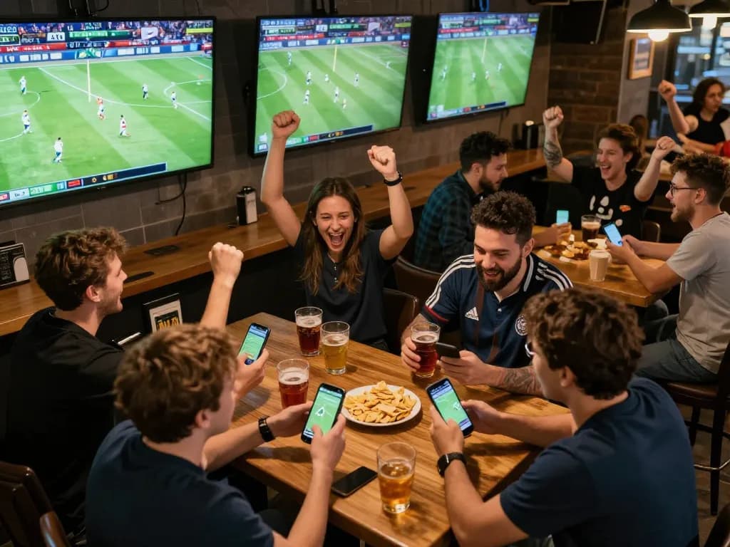 Bongdalu users cheering for live football scores and betting updates at a vibrant sports bar.