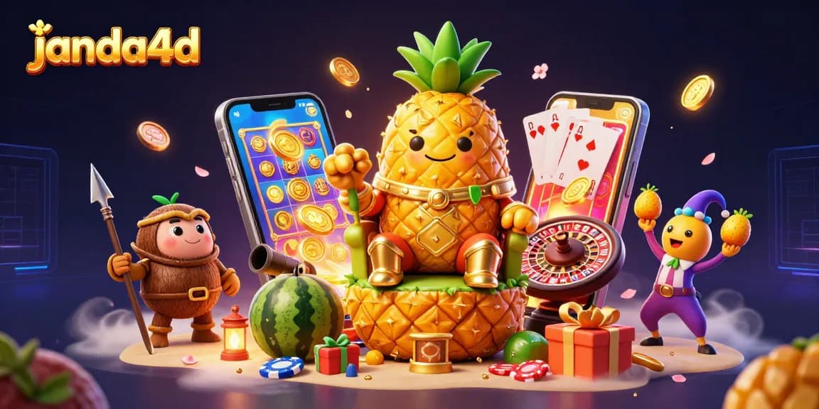 Gambaran mewah "janda4d" yang menggambarkan raja nanas emas dengan kasino tropis, slot, dan hadiah berlimpah.