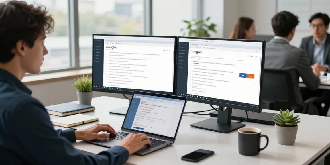 Searching for google jobs in a modern office with job alerts on screen.