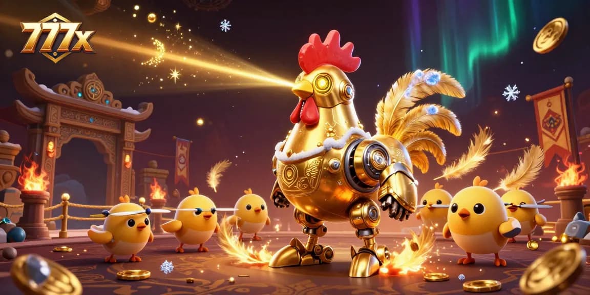 Engage in thrilling excitement at 777x casino with golden rooster robot and colorful game elements.