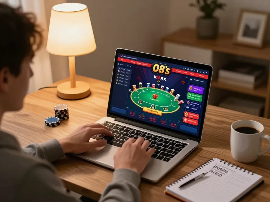 Player engaging in online blackjack on O8 with notebook and coffee, cozy home setting