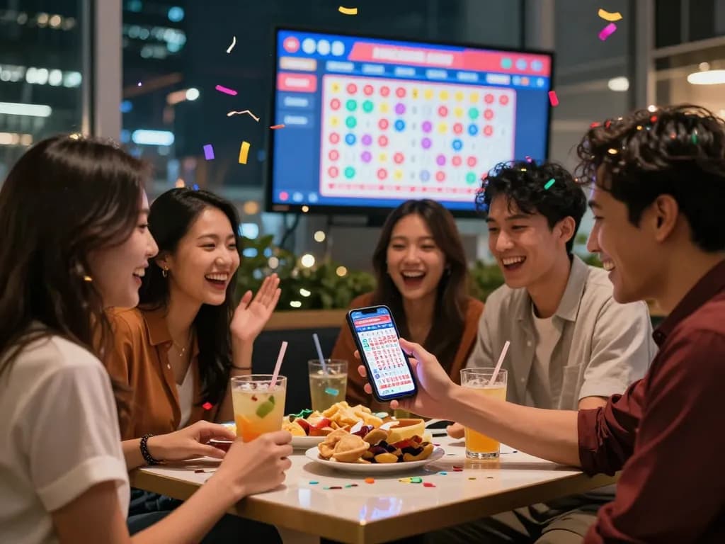 Togel Hongkong lottery results celebration with friends in an urban setting