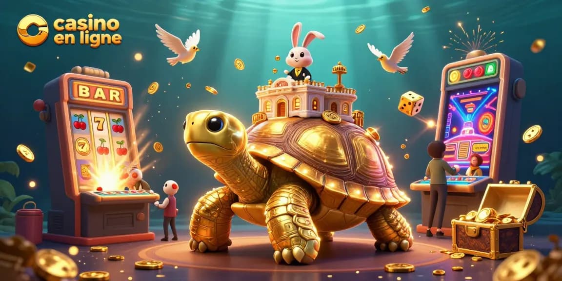 Jouez à des jeux captivants de casino en ligne avec une tortue géante illuminée et un croupier sur sa carapace.